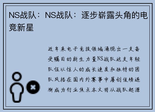 NS战队：NS战队：逐步崭露头角的电竞新星
