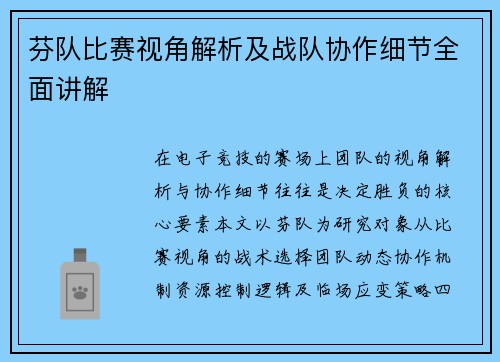 芬队比赛视角解析及战队协作细节全面讲解