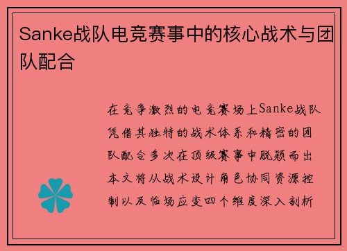 Sanke战队电竞赛事中的核心战术与团队配合